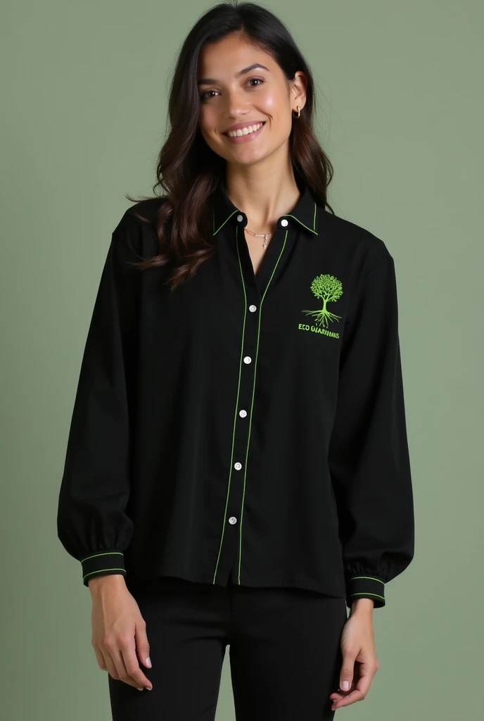 Make a black blouse with green details, a small logo with a tree with roots and the name eco guardians