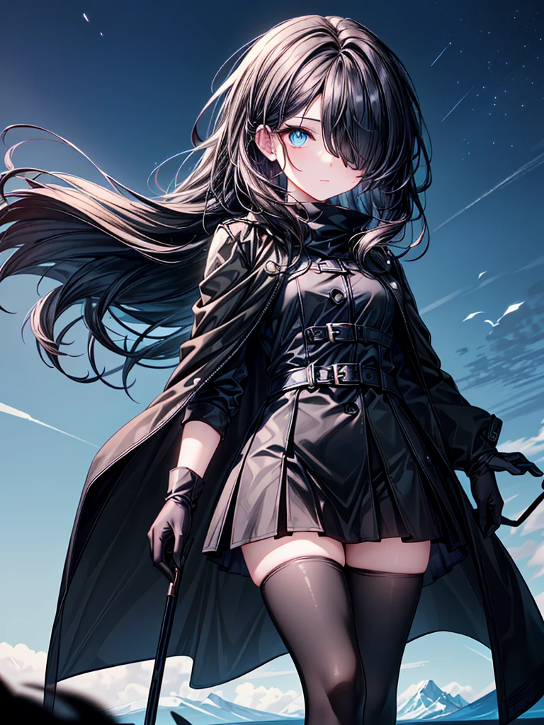 ((walking nature in midnight)),((Celestial Glacier)),((masterpiece)),((Highest quality)),((black micro mini length skirt),((alone)),(Serene),((Deep blue pupils)),((sparkling eyes)),(Beautiful Blue Eyes),((Wearing a black coat)),(((Wearing black tights))),(Slim body),((length, Shiny black hair)),((Her left eye is completely hidden by her bangs)),((Her hair is parted, and you can see her eyes through it)),((Wearing black gloves)),((hair over one eye,long hair)),((Hair blowing in the wind)