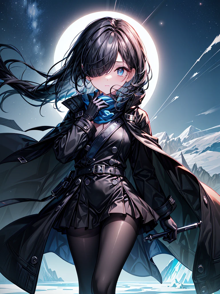 ((walking nature in midnight)),((Celestial Glacier)),((masterpiece)),((Highest quality)),((black micro mini length skirt),((alone)),(Serene),((Deep blue pupils)),((sparkling eyes)),(Beautiful Blue Eyes),((Wearing a black coat)),(((Wearing black tights))),(Slim body),((length, Shiny black hair)),((Her left eye is completely hidden by her bangs)),((Her hair is parted, and you can see her eyes through it)),((Wearing black gloves)),((hair over one eye,long hair)),((Hair blowing in the wind)