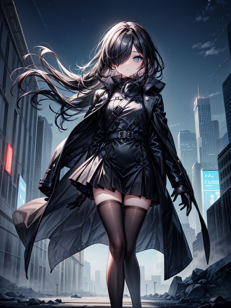 ((walking nature in midnight)),((Celestial Glacier)),((masterpiece)),((Highest quality)),((black micro mini length skirt),((alone)),(Serene),((Deep blue pupils)),((sparkling eyes)),(Beautiful Blue Eyes),((Wearing a black coat)),(((Wearing black tights))),(Slim body),((length, Shiny black hair)),((Her left eye is completely hidden by her bangs)),((Her hair is parted, and you can see her eyes through it)),((Wearing black gloves)),((hair over one eye,long hair)),((Hair blowing in the wind)
