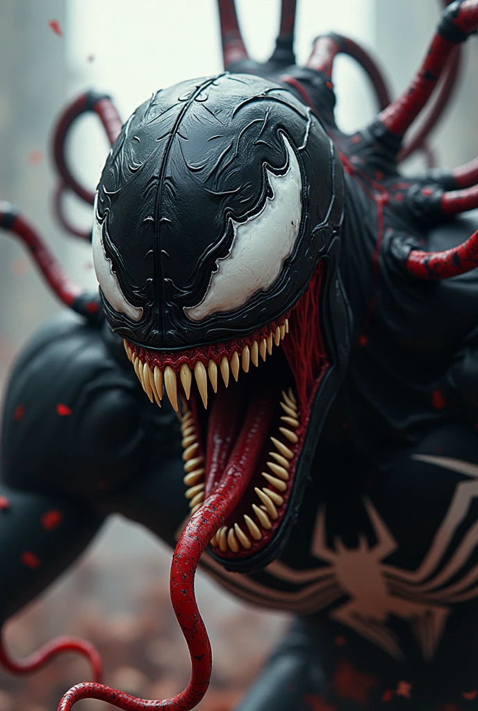 Carnage Venom symbiote in agony, dynamic action pose, clear and detailed eyes, intricate details, Hyper realistic, Carnage Venom Symbiote Army Background Dressed In Black Shirts