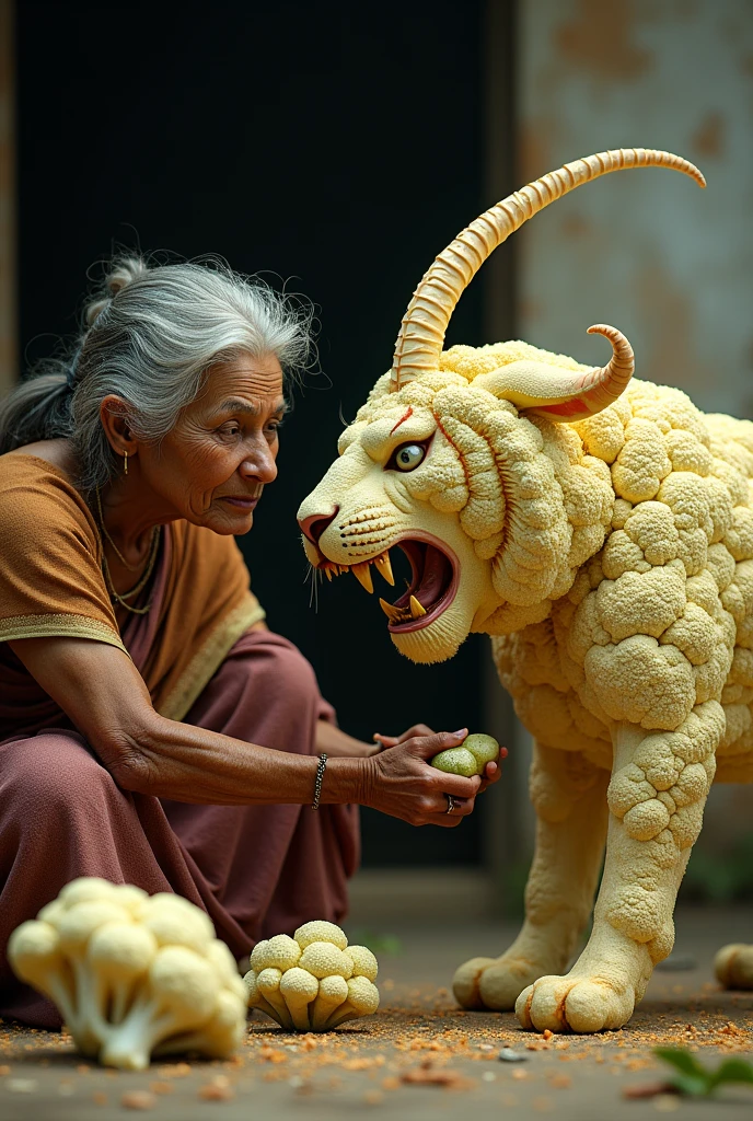 A old Indian woman creating a fighting Tiger and goat with cauliflower