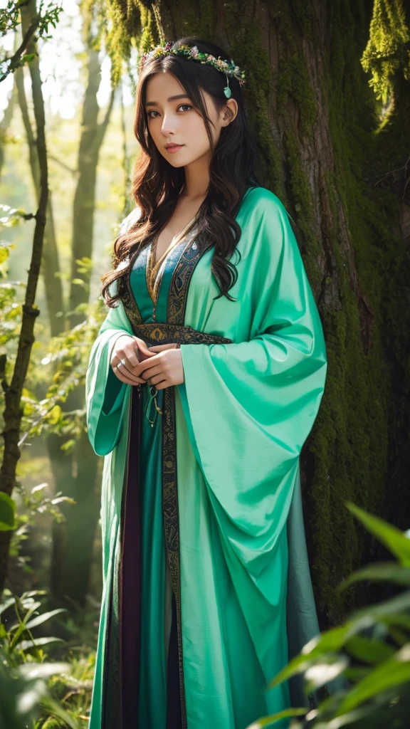 "A mystical woman with glowing, emerald-green eyes, dressed in a flowing robe, standing in a mystical forest."