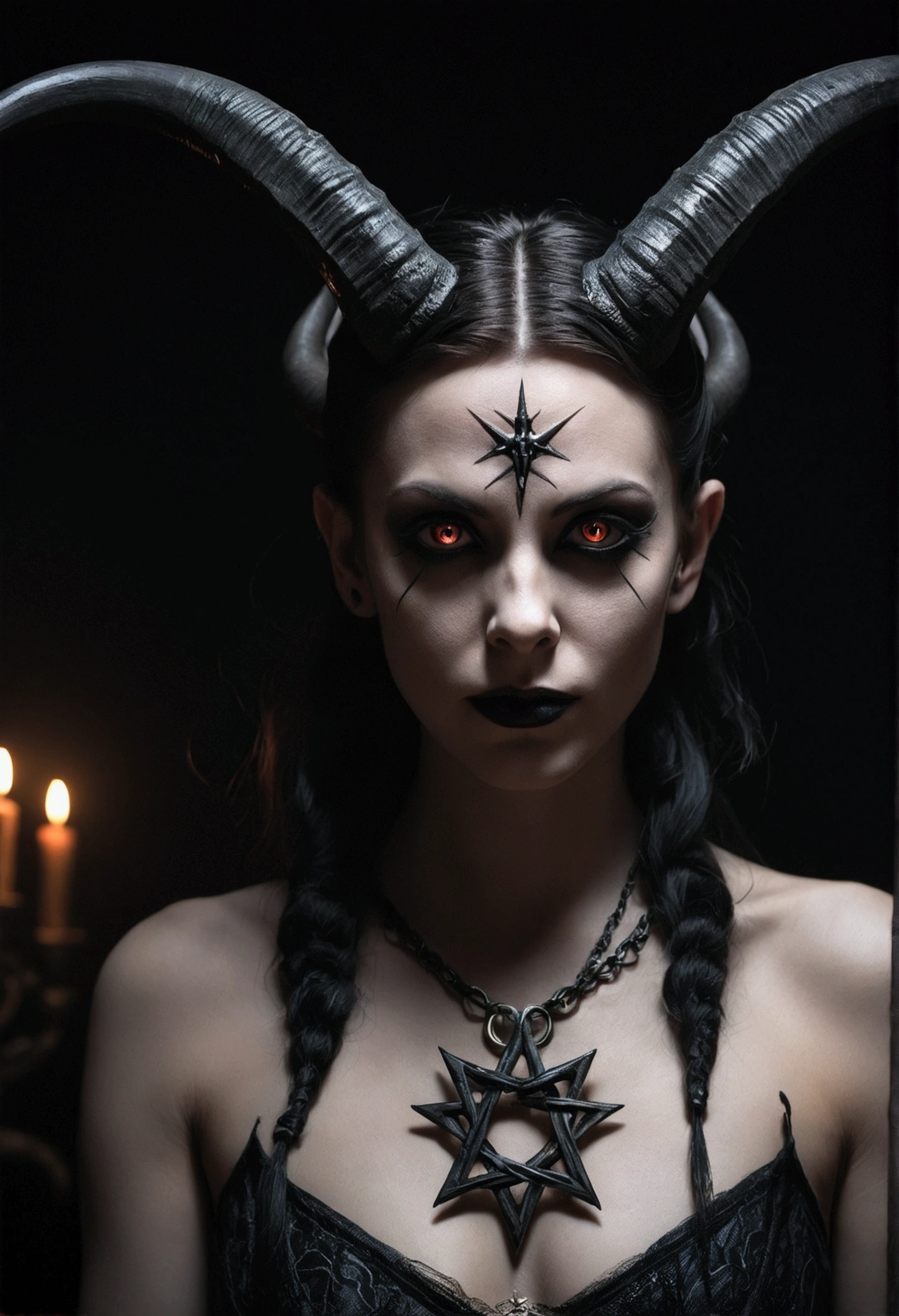 girl, topless, glowing eyes, horns, pentagram, baphomet, dark fantasy, dark gothic, occult, dark magic, dark occult, dark ritual, dark magic ritual, dark fantasy portrait, dark gothic portrait, dark occult portrait, dark magic portrait, dark ritual portrait, dark fantasy character, dark gothic character, dark occult character, dark magic character, dark ritual character, high detail, 8k, hyperrealistic, chiaroscuro lighting, dramatic lighting, dramatic shadows, moody lighting, cinematic lighting, dramatic atmosphere, dark and moody, dark and brooding, dark and mysterious, dark and ominous, dark and foreboding, dark and sinister, dark and haunting, dark and sinister