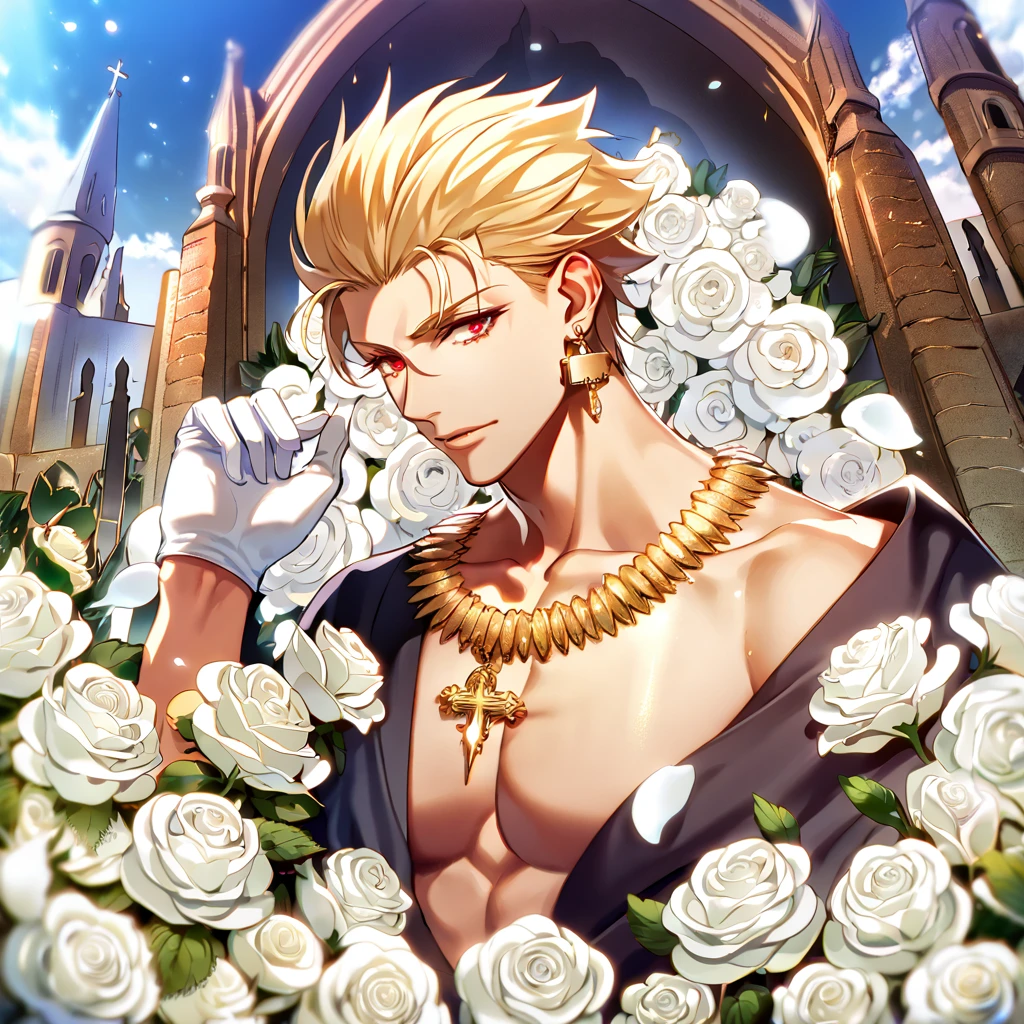 absurdres, highres, ultra detailed, HDR, master piece, best quality, Gilgamesh, blonde hair, slicked up hair, ruffled hair, expressive red eyes, Fate Stay Night, solo, sexy man, handsome, horny, lewd, black priest robes, accessories, earrings, showing the chest, cross necklace, priest, white gloves, fantasy, magical, white roses, white petals, blue sky, church