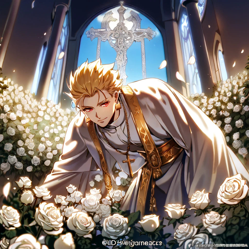 absurdres, highres, ultra detailed, HDR, master piece, best quality, Gilgamesh, blonde hair, slicked up hair, ruffled hair, expressive red eyes, Fate Stay Night, solo, sexy man, handsome, horny, lewd, black priest robes, accessories, earrings, showing the chest, cross necklace, priest, white gloves, fantasy, magical, white roses, white petals, blue sky, church