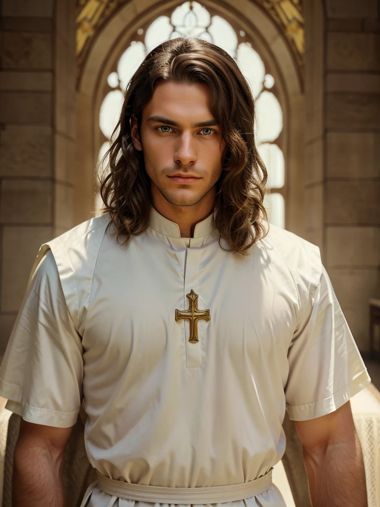 A young priest, 24 years old. He has medium length, curly, light brown hair and green eyes. His face is boyishly handsome and he is clean shaven. He is wearing a white chasuble. He had large eyes, thin lips and a large Roman nose. He is pensive and thoughtful. Cinematic lighting, realistic.