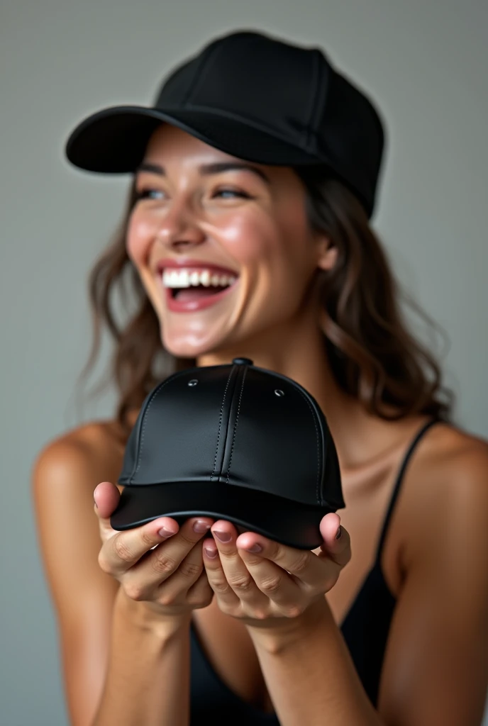 Laughing woman showing and wearing a black satin cap
