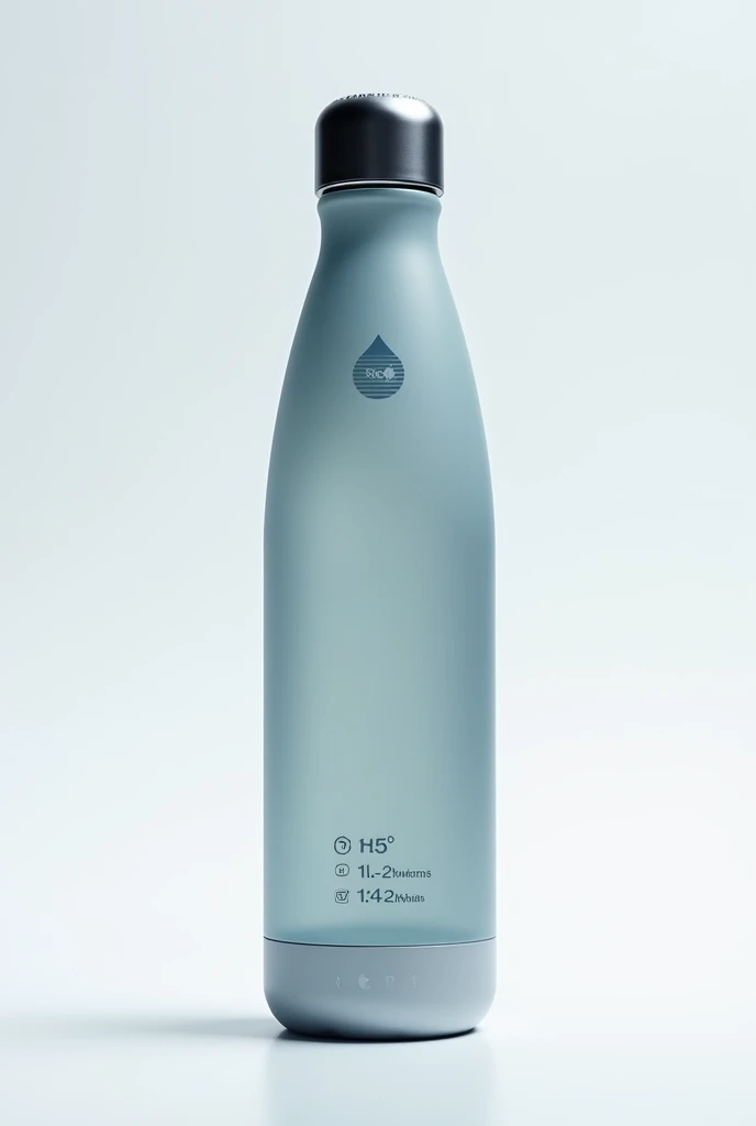 A sleek, modern bottle with a minimalistic design. The body of the bottle is semi-transparent. The bottle has a small digital display on the side that shows real-time data like hydration goals, water temperature, and a battery indicator. The cap could have a built-in sensor that tracks how much water has been consumed, with a subtle touchscreen interface. With visible designed logo of water droplet in white and blue color with gear inside. Showing all features clearly.