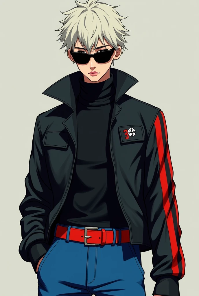 body hair: offwhite, curto e espetado, with a modern cut.
eyeballs: They are not visible due to sunglasses.
Skinned: Skin tone is not clearly defined, but it seems to be clear.
badass clothing:
jaket: Fitted to the body Predominantly black, com detalhes Um lista em vermelho no braço direito da jaket que vai da gola alfonso da jaketem vermelho Um simbolo pequeno na parte de cima da manga direita e no peito no lado direito, Underneath the jacket an all black shirt With a high collar Josta Pants: cerulean.
waist belt: rot, wide and flashy.
Accessories: sunglasses.