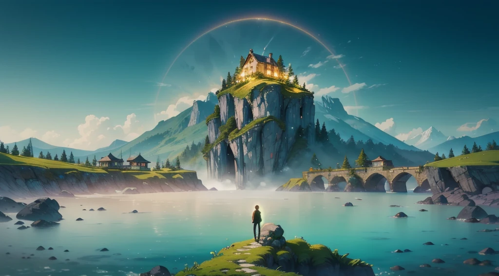 An open ocean shore, majestic mountains on the sides, a symmetrical beautiful stone bridge over the ocean, the stone bridge looks like human hands, a stone bridge created by nature itself, a stone bridge in the shape of a human hand, a stone bridge overgrown with greenery and bushes, very beautiful illustration, Rich in Detail and Color, (Iridescent: 1.2), (Glow, Atmospheric Lighting), Dreamy, Magical, (Solo: 1.2) dreamy, ethereal, ultra-detailed, Strong contrast, Good depth of field, 8K wallpaper, Masterpiece, Aesthetic illustration in realistic style, best quality, natural light, high res, highly detailed. At its base is a house, its lights glowing in the dimness of the tropical forest gloom, lights hang in the air, ethereal and mystical, magical atmosphere, beautiful and dreamy, fantasy style, dreamlike fantasy art, Photorealistic drone photo of a mountain slope, All the colors and materials in this work are very harmoniously combined, on the mountain is a cozy city of angels