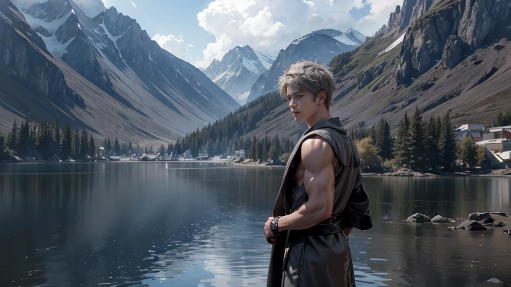 masterpiece,Game Art,Best picture quality,Maximum resolution,8k,(Upper Body),Unreal Engine 5 rendering works,(Digital Photography),(Boy practicing boxing),Short hair details,(The eyes are very delicate),(Has short grey hair:1.4),(Perfect body),(Black robe),(background:mountain peak),light,night,Ray Tracing,RAW photos,((3D Unreal Engine)),OC rendering reflection mode