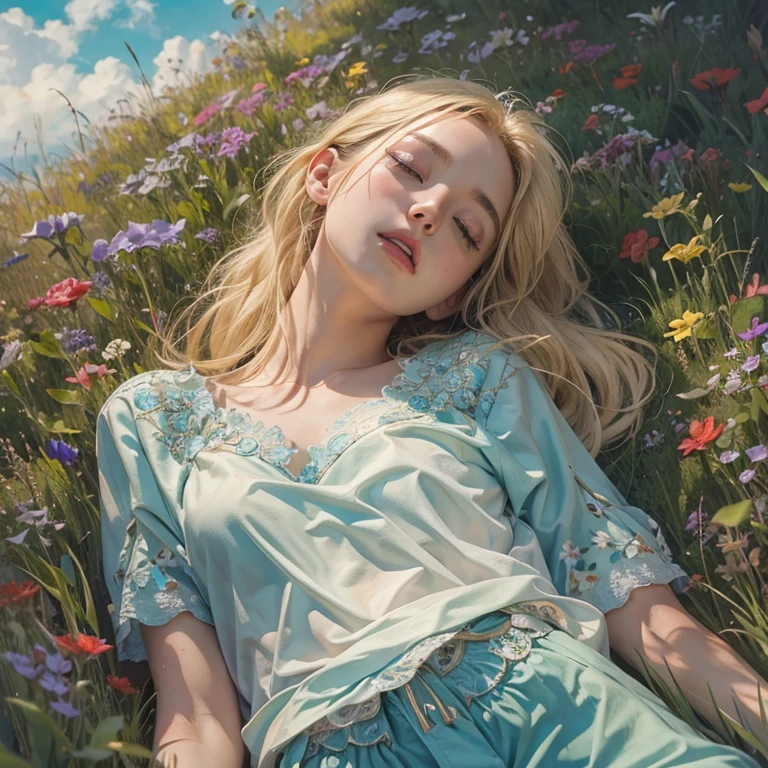 masterpiece: 1.2, Portraiture, Highest quality), Realistic, (Live Action, Intricate details, Written boundary depth), Highest quality, masterpiece, Attention to detail, semi-Realistic, Sleeping on the grass, shy, 21 years old, Short blonde, blue eyes, blonde、 Slim figure、Shoulder Bare、Shorts 、Blue sky and a few clouds、Rolling on the lawn