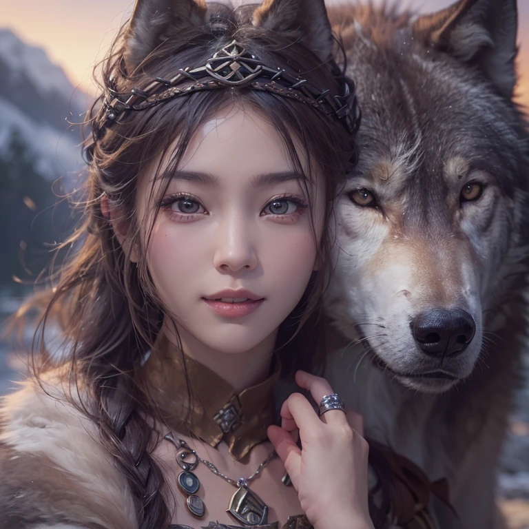 Lakeside surrounded by snowy mountains、Hair Flow、 ((Highest quality、masterpiece、8k、Best image quality、Ultra-high resolution、Award-winning works)、(Accurate anatomy:1.1)、(Look at me and smile:1.1)、Shining fair skin with Ultra-high resolution、The most detailed face、Ultra-high resolution detailed face、Ultra-high resolutionの髪の毛、(Ultra-high resolutionの煌めく瞳:1.1)、Beautiful face drawn in every detail、Ancient Viking clothing, Chest to chest, tattoo, A real wolf is by your side