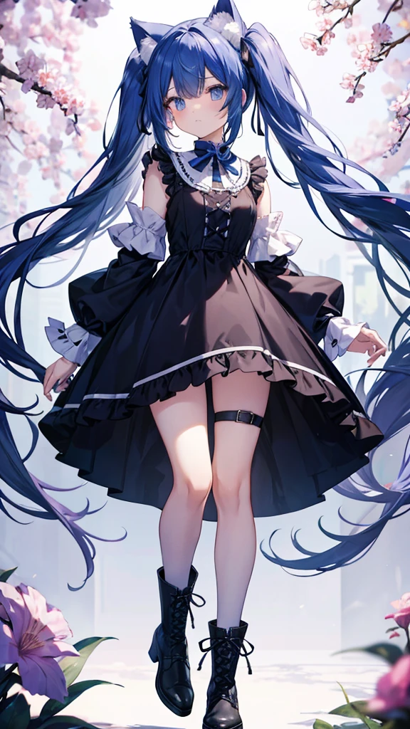 - Hair color: Deep Blue - Hairstyle: Long hair in twin tails、Fluffy curls at the tip。Comes with cat ear-like accessories。
- eye color;: Bright Green - Eyes: Slanted Eyes - Height: 160cm - Clothing: In a black frilly dress、Purple over-the-knee socks。The boots are loafer type.、It is decorated with ribbon。
-nature: Bright and cheerful、A bit of a tsundere side。
- Occupation: Student upper body only