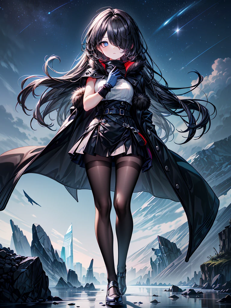 ((walking nature in midnight)),((Celestial Glacier)),((masterpiece)),((Highest quality)),((black micro mini length skirt),((alone)),(Serene),((Deep blue pupils)),((sparkling eyes)),(Beautiful Blue Eyes),((Wearing a black coat)),(((Wearing black tights))),(Slim body),((length, Shiny black hair)),((Her left eye is completely hidden by her bangs)),((Her hair is parted, and you can see her eyes through it)),((Wearing black gloves)),((hair over one eye,long hair)),((Hair blowing in the wind)