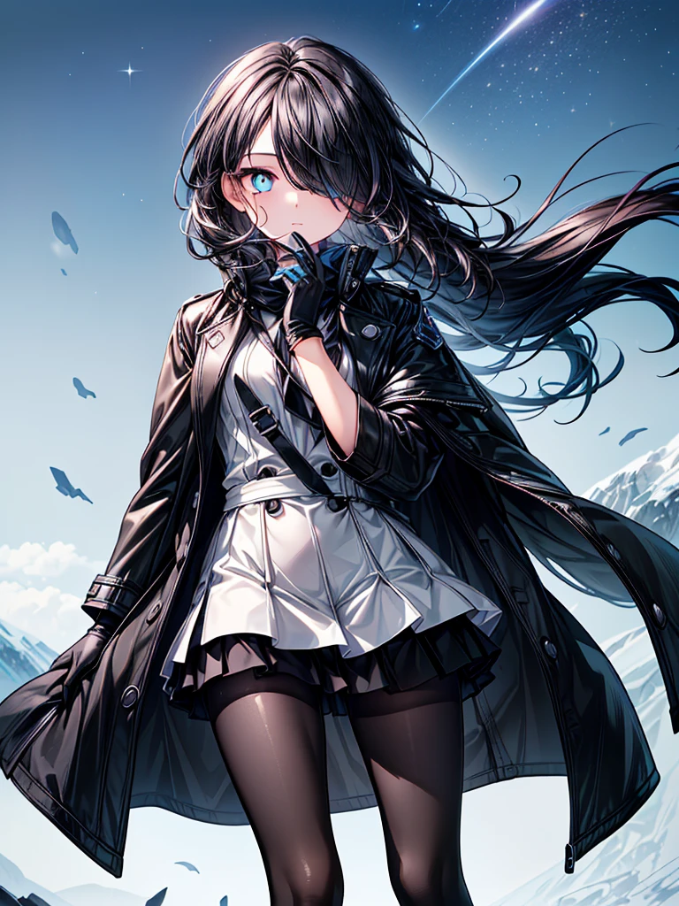 ((walking nature in midnight)),((Celestial Glacier)),((masterpiece)),((Highest quality)),((black micro mini length skirt),((alone)),(Serene),((Deep blue pupils)),((sparkling eyes)),(Beautiful Blue Eyes),((Wearing a black coat)),(((Wearing black tights))),(Slim body),((length, Shiny black hair)),((Her left eye is completely hidden by her bangs)),((Her hair is parted, and you can see her eyes through it)),((Wearing black gloves)),((hair over one eye,long hair)),((Hair blowing in the wind)