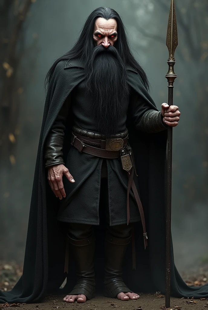 Vlad 3 very thin dwarf, impaler, long black hair, mustache and big beard, menacing face, Eyes red. Appearing the whole body and holding a spear 