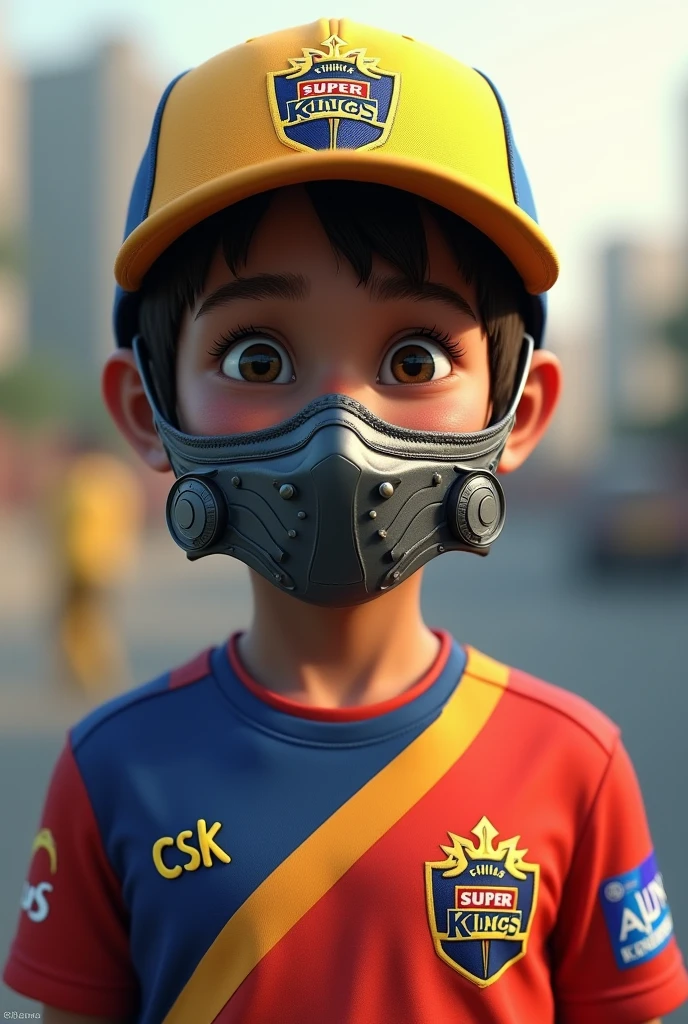 A boy with mask and cap with csk shirt 