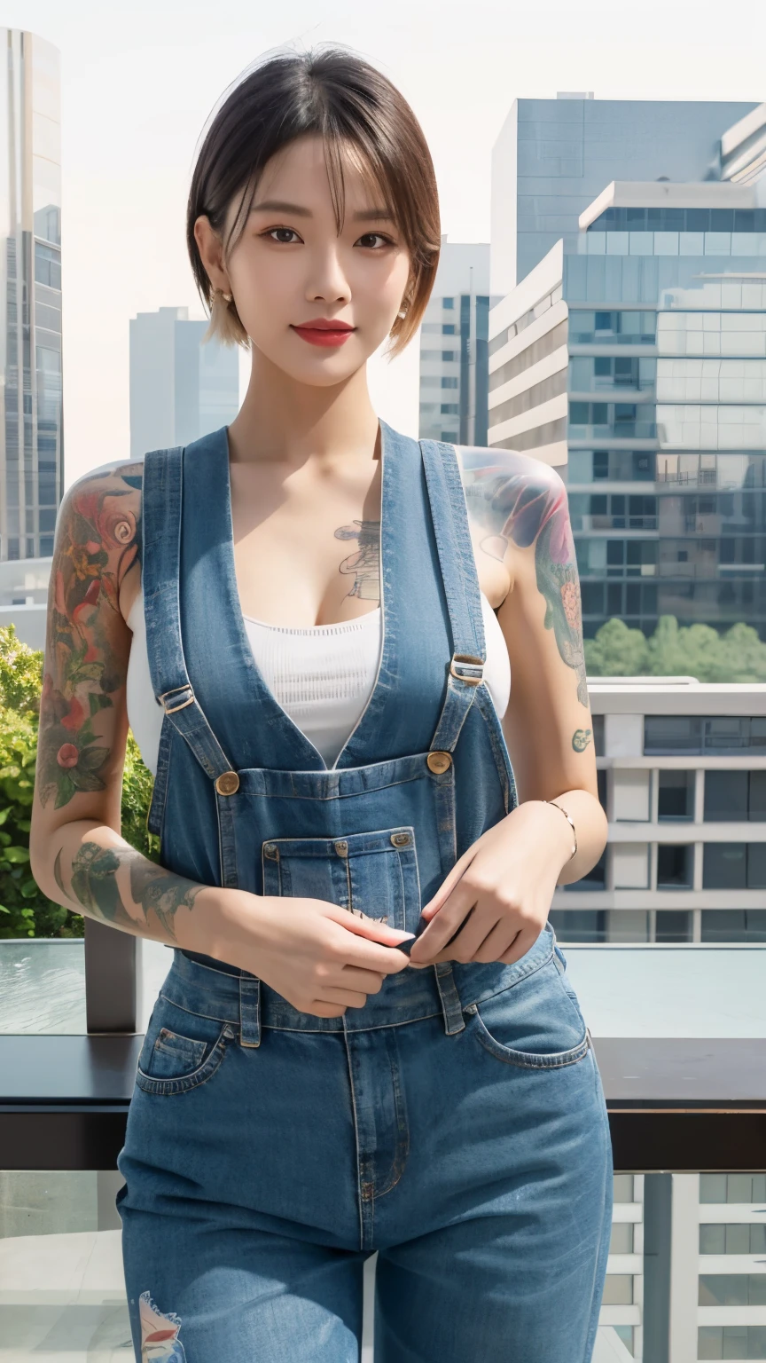 Android 18 from Dragon Ball,Colorful gradient short hair half covering the face,Exquisite facial features,Perfect face shape,Anime style face,Smile,Printed vest,Overalls,Fashion,Large Breasts:1.4,City background,Full body tattoo,Beautiful tattoos:1.4 , masterpiece, best quality, Extremely detailed,Black high ponytail: 1.5, Long legs, Smooth legs without any wrinkles。 dress, Slim waist, Thin waist: 1.7,Ultra-realistic 8k CG, masterpiece, ((Ultra detailed background, Exquisite pattern, Intricate details)), (Very detailed, Fine details), best quality, The goddess of one-stroke