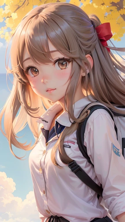 a close up of a person with long hair and a backpack, kantai collection style, anime visual of a cute girl, portrait anime girl, detailed portrait of anime girl, young anime girl, cute anime girl portrait, cute anime girl portraits, an anime girl, portrait of an anime girl, avatar image, anime girl, anime style portrait, beautiful anime portrait, official artwork