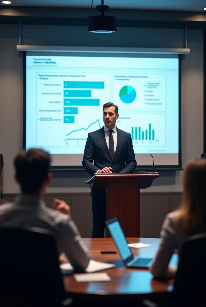 Project Engineer giving speech at seminar projecting project schedule and tracking progress with project cost significance with other colleagues in office 