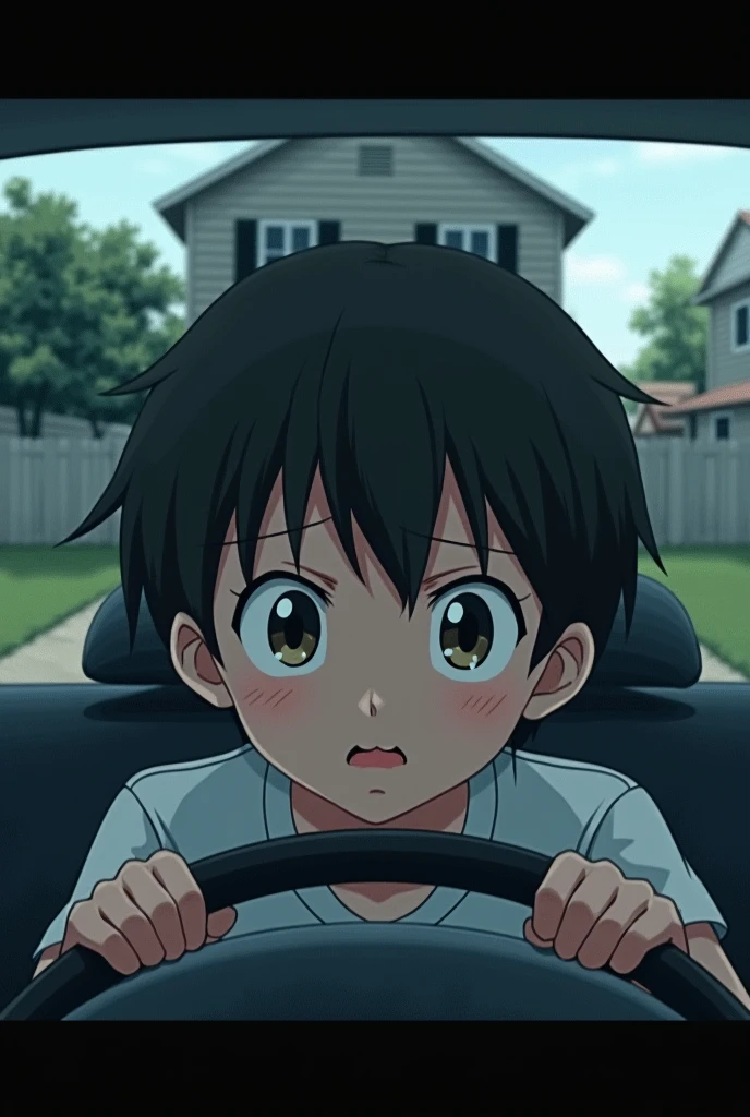  A BOY and not getting out of a car and entering a house with a scared look on his face, with an anime tone