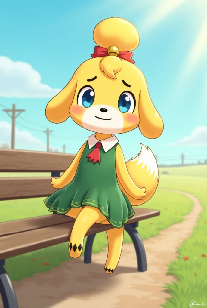 [isaCrossing], [Isabelle], [Animal Crossing], [Uploaded to e621.net; (Pixelsketcher), (wamudraws)], ((masterpiece)), ((HD)), ((high res)), ((solo portrait)), ((front view)), (( focus)), ((feet visible)), ((furry; anthro)), ((detailed fur)), ((detailed shading)), ((beautiful render art)), {anthro; (slim figure), yellow fur, black nose, (cute blue eyes), (blonde hair), (bells in hair), topknot, fluffy tail, (sharp black claws), (curvy hips), (beautiful legs), (beautiful feet), (blushing), (cute smirk)}, (nervous expression)}, {(red ribbon in hair), (short green flowy dress)}, {(sitting on bench), (nervous demeanor), looking at viewer)}, [background; (park), (grass plains), (beaten path), (blue sky), (sun rays), (ambient lighting) (socks on) (soles at viewer)]