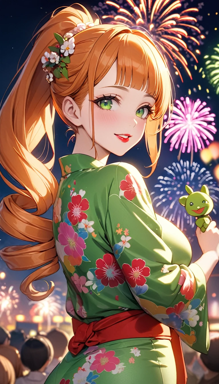 (Highest quality,4K,8k,High resolution,masterpiece:1.2),Very detailed,32-year-old woman、(((Mature Woman))), (((Mature Woman))), (((puppet))), Best Bust、Large Breasts, Beautiful Eyes、Orange Hair、Moss green eyes、Red lips, ((ponytail)), (Drill Hair), ((forehead)), Very cute face, Glossy Lips, Double eyelids on both eyes,Natural smile、Tight waist、Sexy ass、Natural Makeup, Long eyelashes, Shiny and smooth hair、Japanese yukata costume、Flower Hair Ornaments、night、Fireworks display、Colorful fireworks、cowboy shot, Shallow depth of field