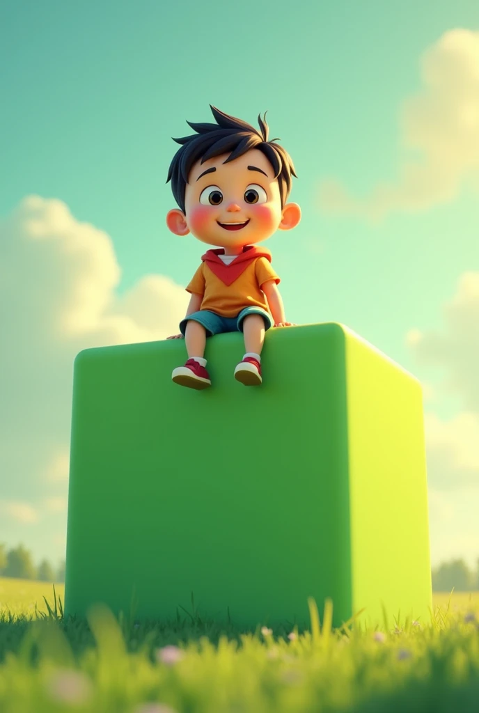 A cartoon character young boy is sitting on a big green square box