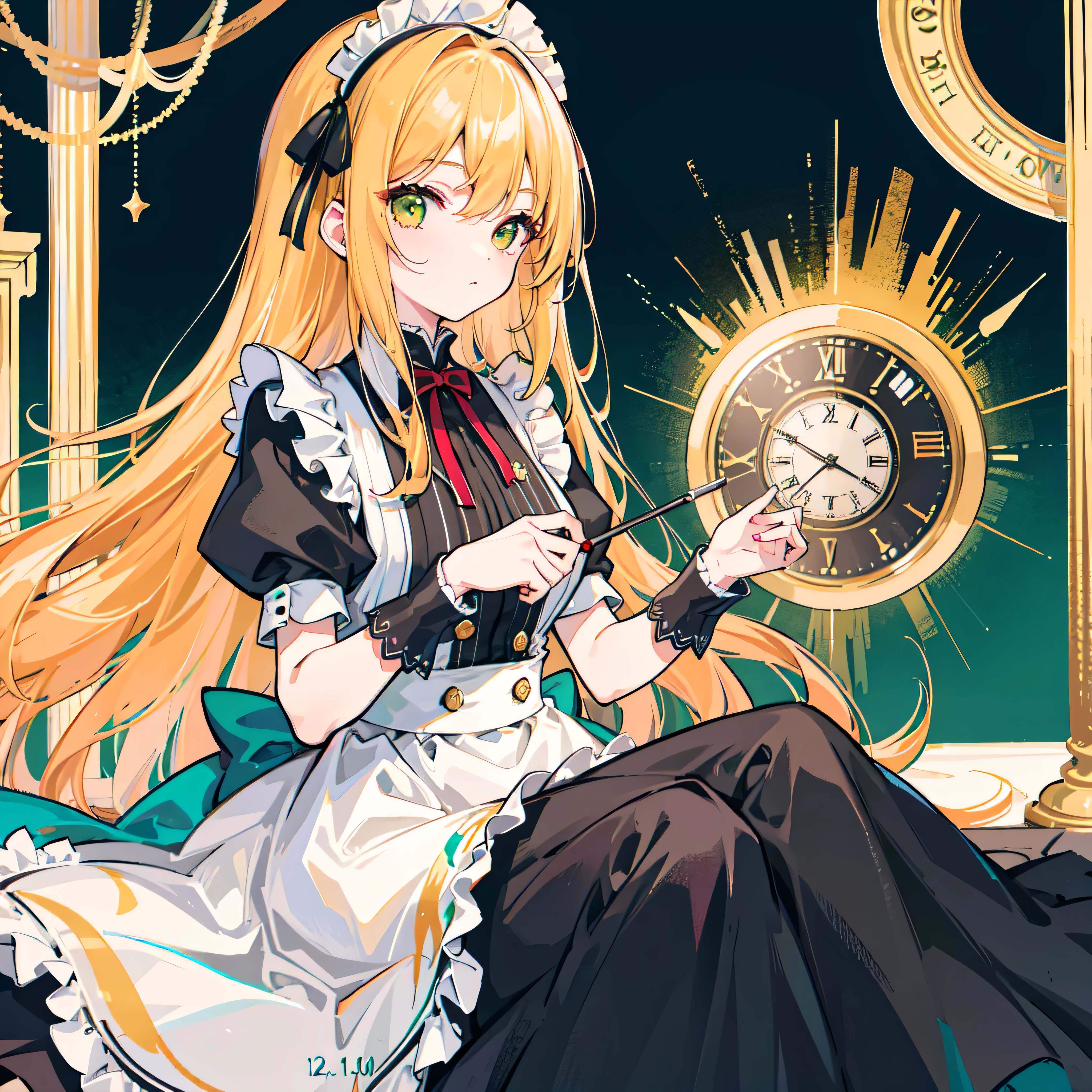 one woman, alone, ((big: 1.4)), ((high resolution)), ((Masterpiece)), ((best quality)), (very detailed)), big_File size, Full color, Detailed background, long yellow hair, Green Eyes, (eyeliner), About 40 years old, เป็นผู้big, maid, Maid outfit, red, sit, nighttime, rose