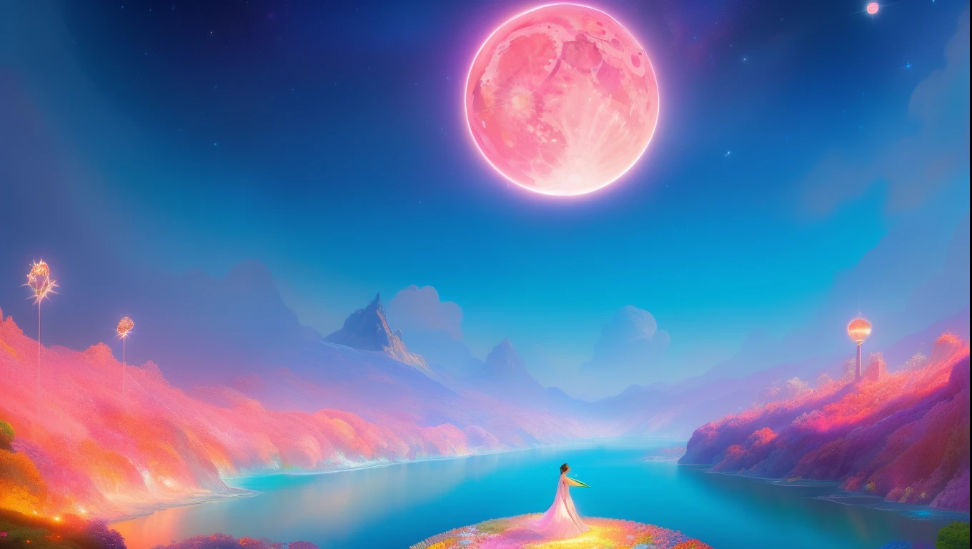 (best quality, ultra-detailed, photorealistic: 1.39), bright and vibrant colors, studio lighting, Red moon, sky shooting stars, soft azure clouds, sparkling, sparkling neon green ocean waves, pink roses in the pink ocean, fantasy, diamond, crown, universe, soft lights, sparkling eyes, cute biquini, cute biquini, within the vast ocean, (masterpiece:1.2), (best quality), 4k, ultra-detailed, (dynamic composition:1.4), highly detailed, colorful details,( iridescent colors:1.2), (glowing lighting, atmospheric lighting), dreamy, magical, (solo:1.2)