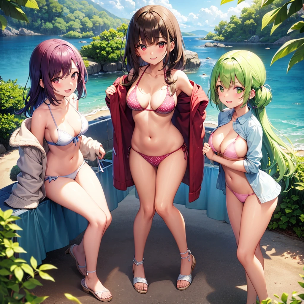Three Girls with medium breasts blushing and smiling at viewer wearing bikini