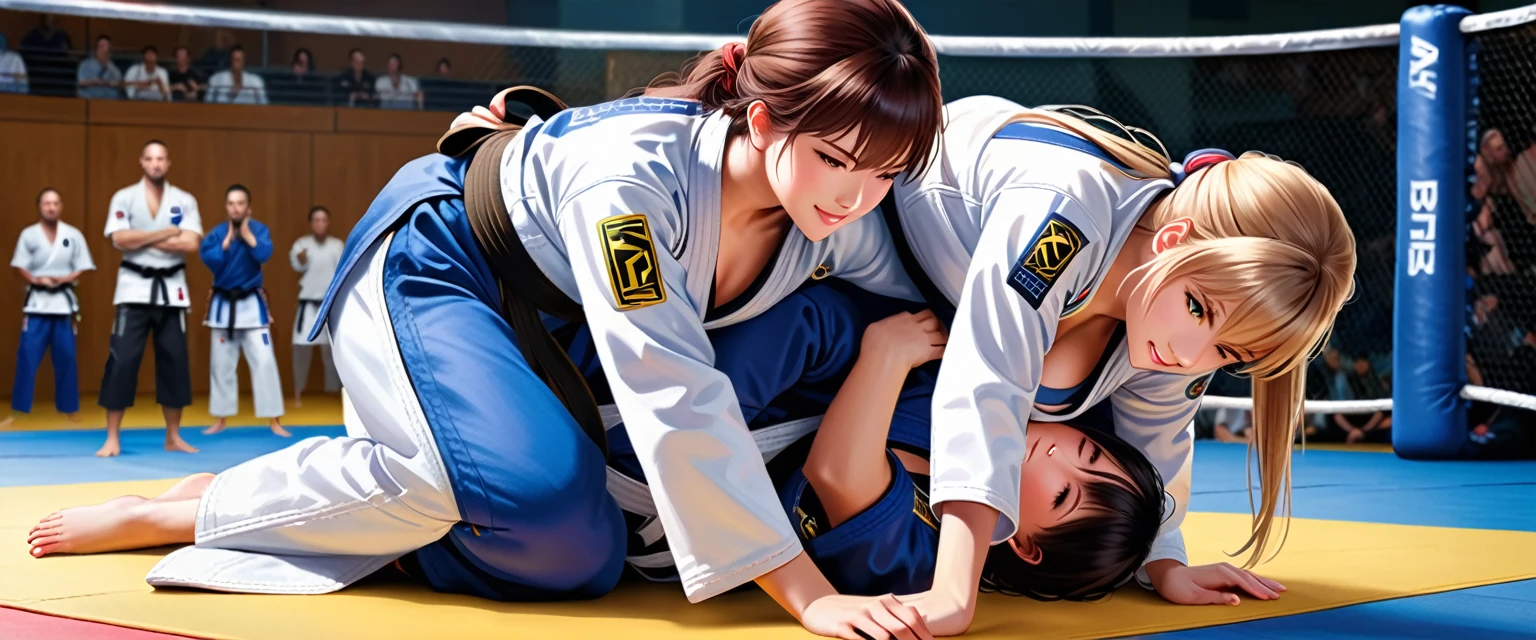 background is bjj court, 2 beautiful female fighters, girls doing bjj in bjj costume, bjj g costume,barefoot,smile,pinning each other on the ground in a close and intense grappling fight dominating on a mat, showing their submission hold techniques with a lot of sweat on their body Best Quality, 32k, photorealistic, ultra-detailed, finely detailed, high resolution, perfect dynamic composition, beautiful detailed eyes, sharp-focus, cowboy shot,