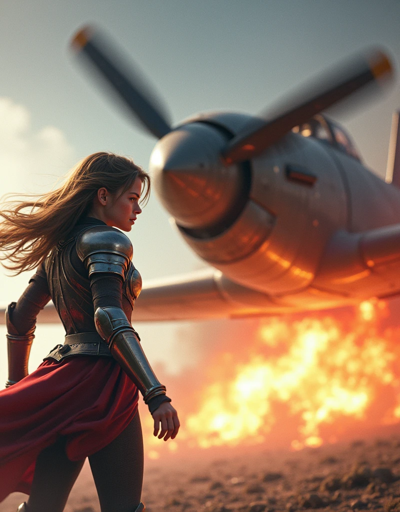 (Hight detalis) A girl in armor with an angry facial expression hit the nose of a fighter plane until it broke and burned. Background sky