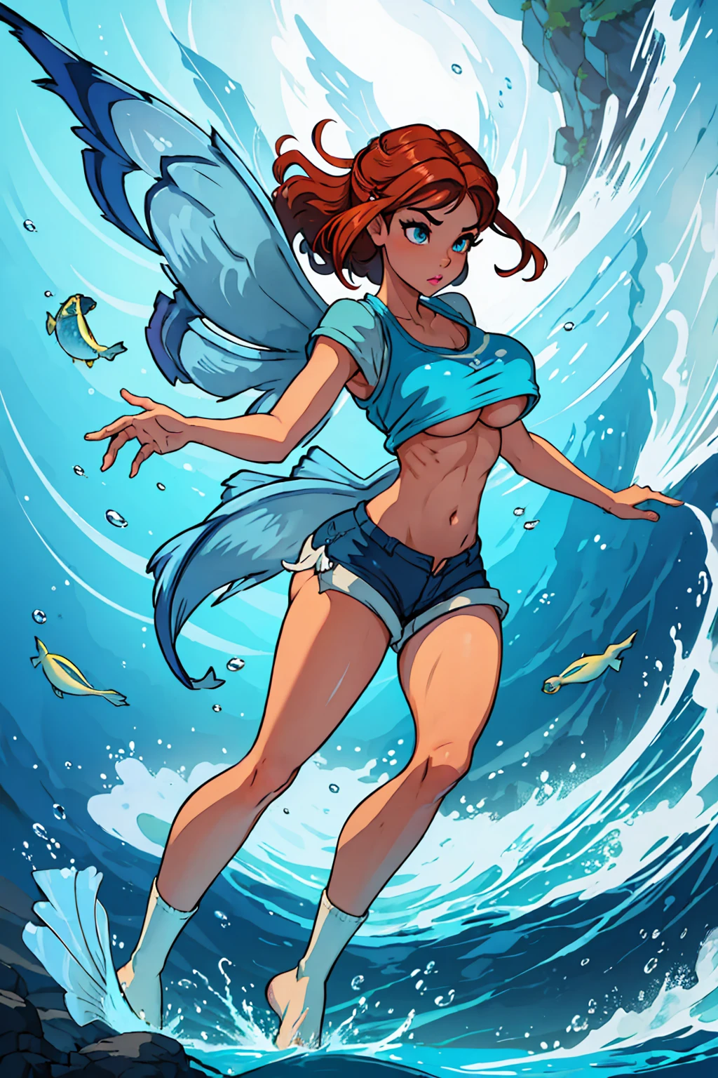 short pants,open zio, (( inner side boobs)), hair flying, short shirt, dynamic pose, full body ,panties,perfect hands, five perfect fingers, (((fish wings))), Powerful aquatic light on the hand, goddess of waters, control over water.