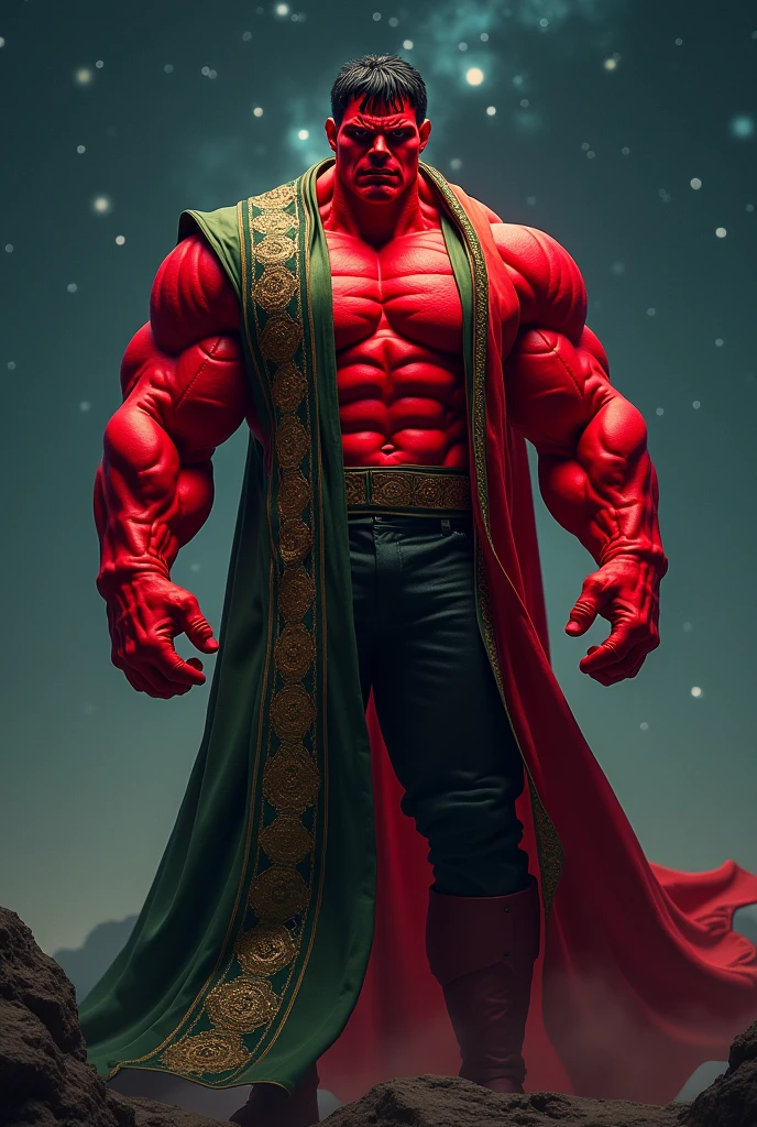 Create an image of Red hulk wearing a traditional Muslim suit. The suit should be a blend of classic hulk and the elegant, flowing style of traditional Muslim attire. Ensure the color palette combines the classic green and gold of Hulk's suit with the rich, deep colors often seen in Muslim garments. With black starry night in background"