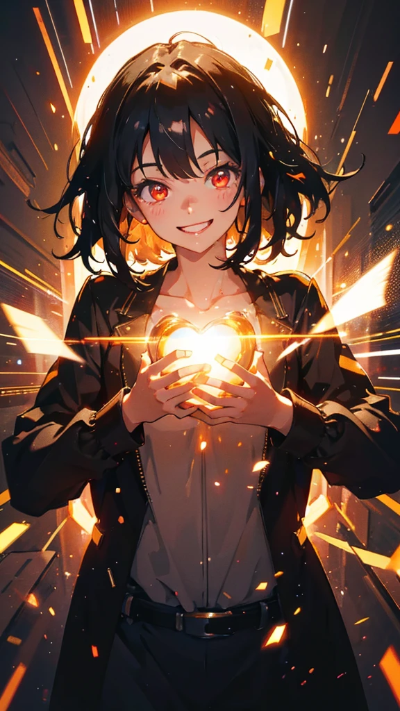 One person, Black Hair, High resolution, Ultra high definition, Very detailed, Medium Hair, Inner Color, chest, Crazy smile, Cinematic light effects, Illustration, 