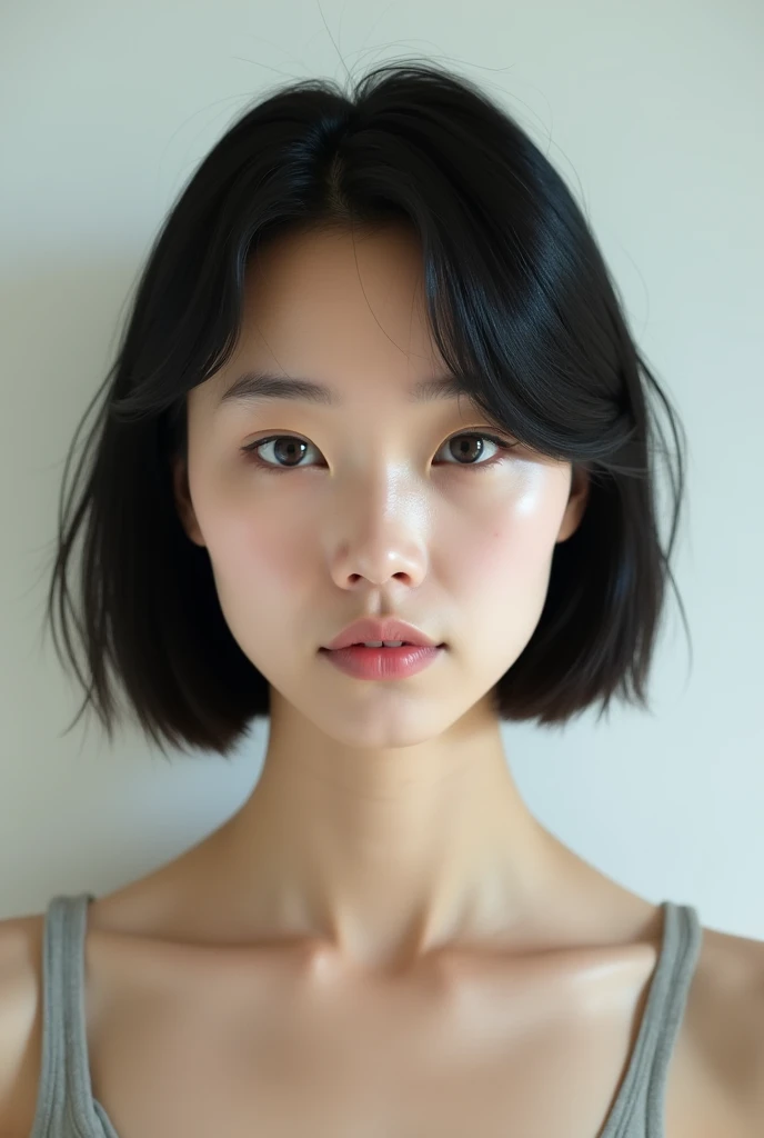 Japanese woman, 30 years old, asymmetrical bob haircut, streight face showing no emotion, small lips, looking into camera, tank top, no bra, standing streight, frontal view, highly detailed face, high resolution, no make-up, photorealistic