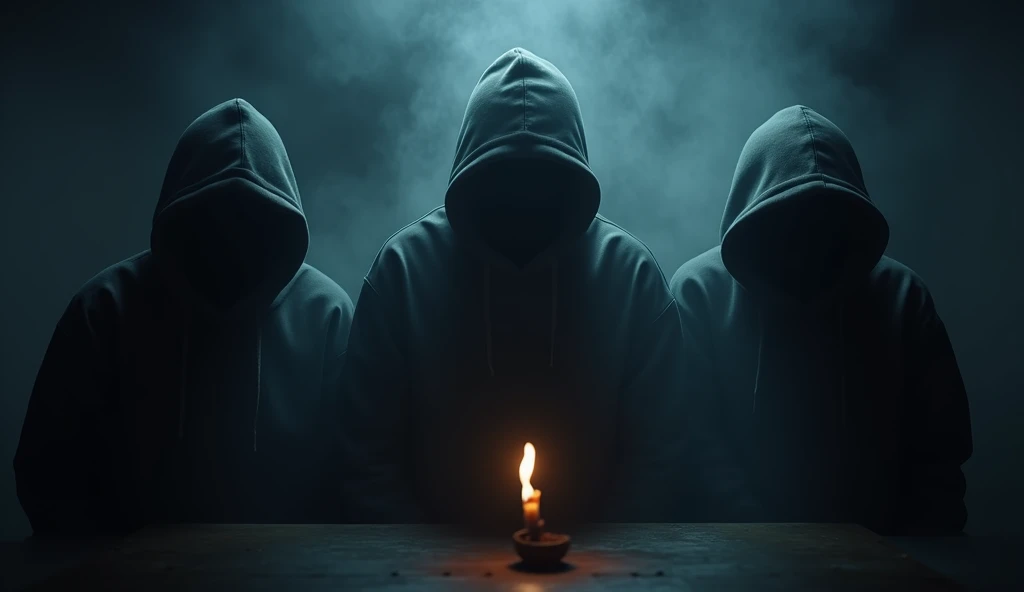 Three 28-year-old boys are hiding their faces with hoodies. The room is dark. There is smoke. A little fire is burning I can't see the appearance of the three boys.