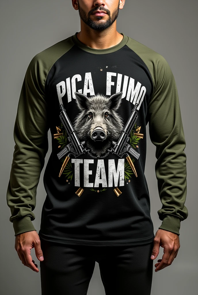 CREATE A LONG SLEEVE MILITARY T-SHIRT, black color, AND MILITARY GREEN SLEEVES WITH A DESIGN OF A BOAR, RIFLES  .556 MODERN AND WRITTEN "PICA FUMO TEAM" WITH SHOT HOLES







