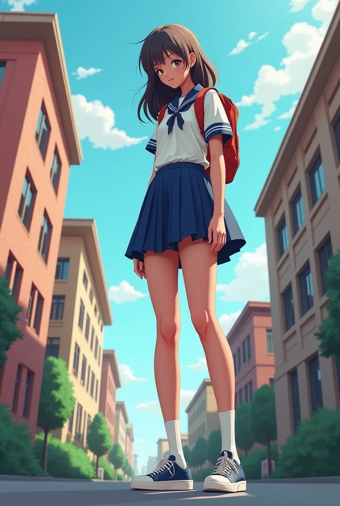 teenage girl, she is a giantess, she is wearing school uniform,
her vert short skirt is very tight, she is wearing sneakers, she is taller than buildings, long leg, she is looking down