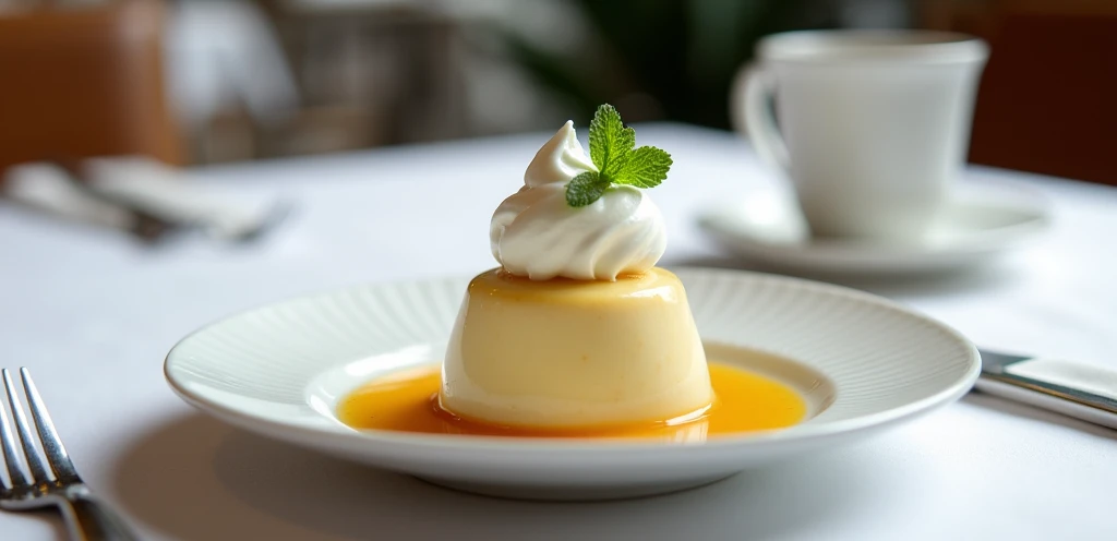 Pudding served at a chic restaurant。
There is a plate on the right side of the table.、There is a pudding on the plate。Next to the pudding is a dollop of fluffy whipped cream.。
Don't add mint。
There's tea in the back.。