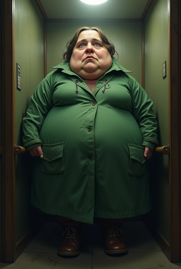 A fat lady wearing old green coat that ballooned around her. She had a fleshy cheeks and no chin just a huge mass of neck. Her blue eyes were tiny but sharp. The lady was not that old and the background is elevator
