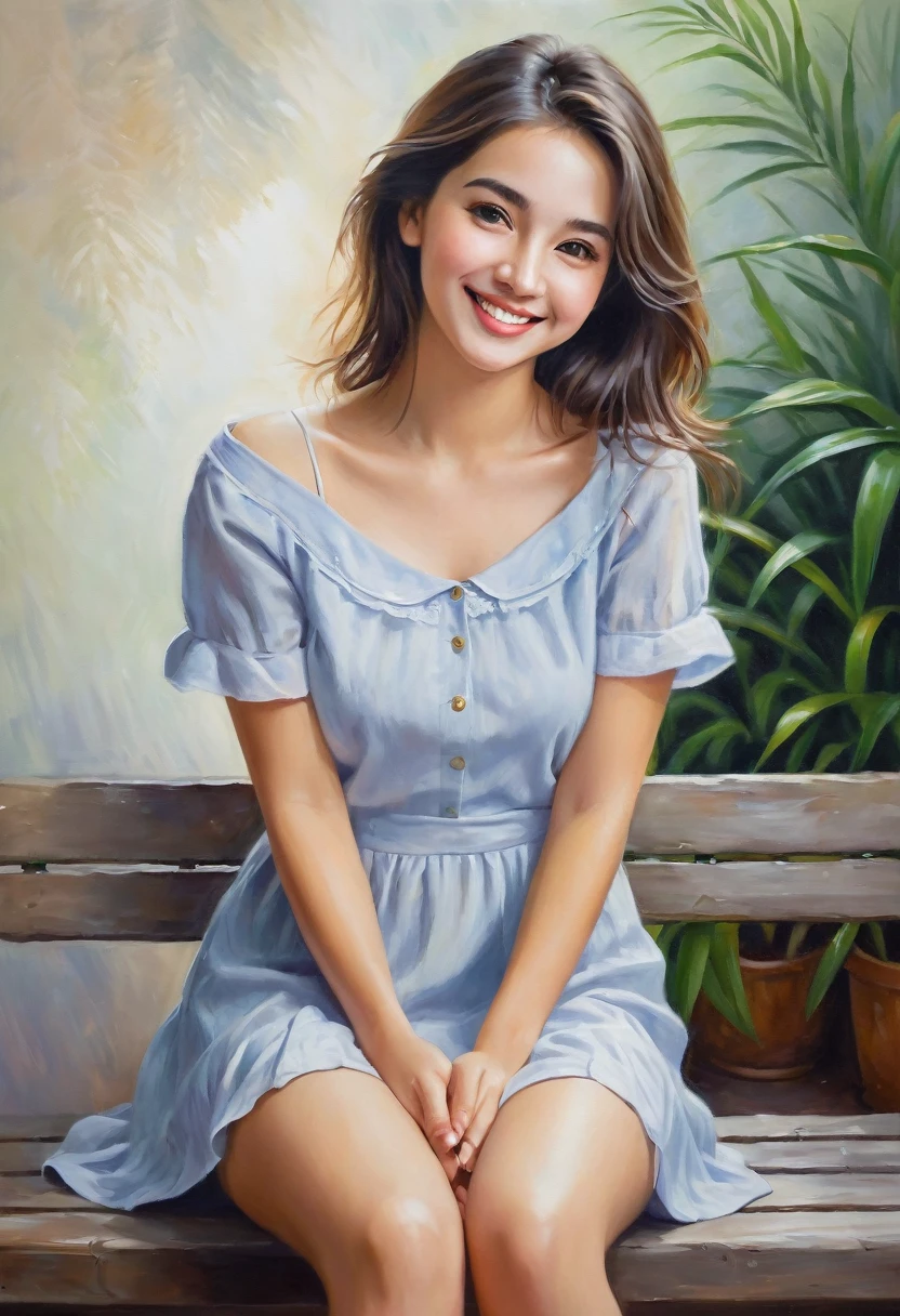 A deep stroke oil paining of A stunningly beautiful girl wearing a casual dress with a flattering short skirt is captured in this captivating image. Sitting in a relaxed and inviting posture, she exudes charm and warmth. Her bright smile and welcoming eyes make the atmosphere around her feel comfortable and friendly. The background is a subtle blend of soft colors, drawing attention to the girl's enchanting presence.