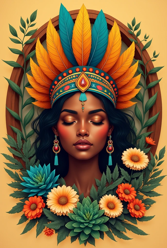 Illustration of the face of a dark-skinned indigenous Colombian woman with closed eyes facing forward wearing a headdress with orange, yellow, aquamarine and ochre feathers, surrounded by flowers, Succulents and creepers in a wooden circle on a sandy yellow background