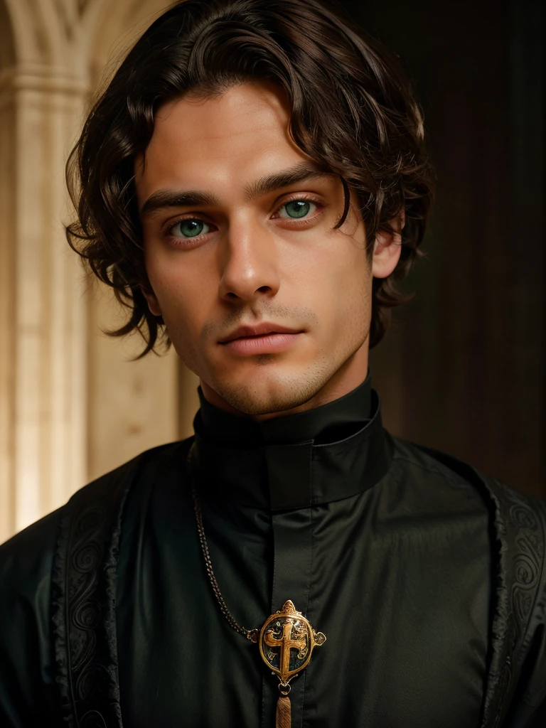 A young priest, 24 years old. He has medium length, curly, light brown hair and green eyes. His face is boyishly handsome and he is clean shaven. He is wearing a black chasuble. He had large eyes, thin lips and a large Roman nose. He is pensive and thoughtful. Cinematic lighting, realistic.
