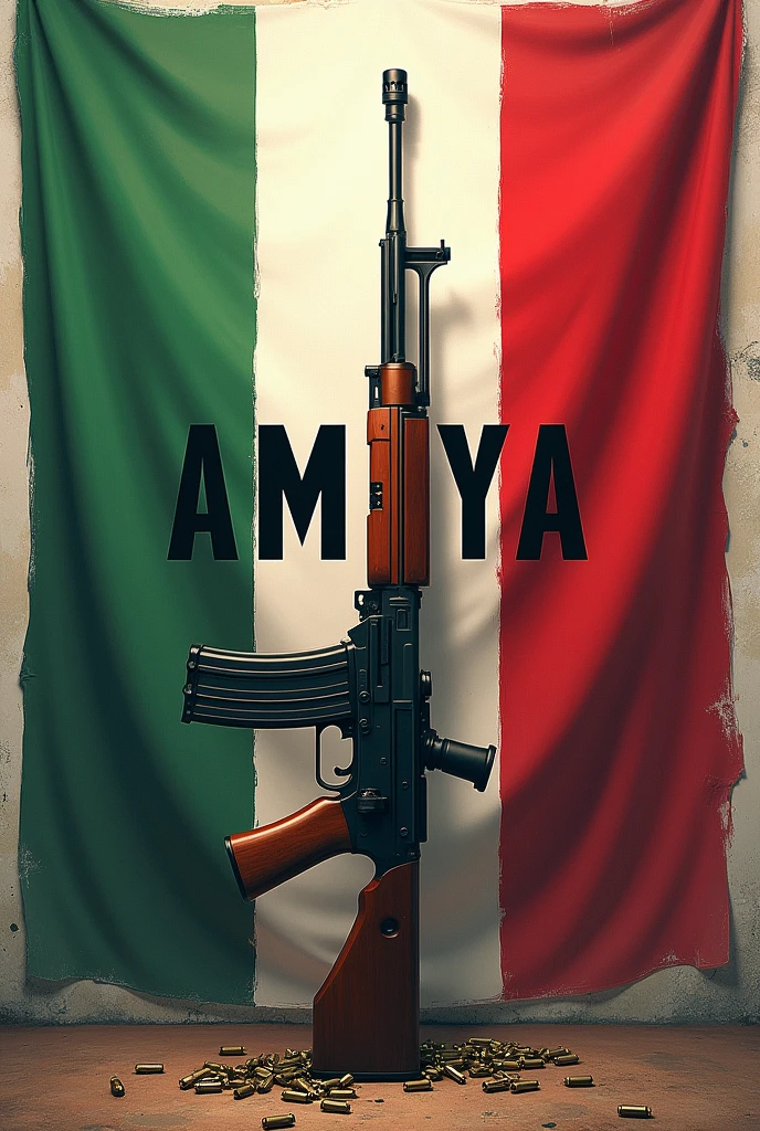 Oops, create an image with the Italian flag and an AK 47 with the name AMAYA and ammunition , I want a very realistic image Put the name AMAUA IN THE MIDDLE AND REMOVE THE WEAPON now make the name more realistic remove the man and put an AK 47 make this the name more realistic
