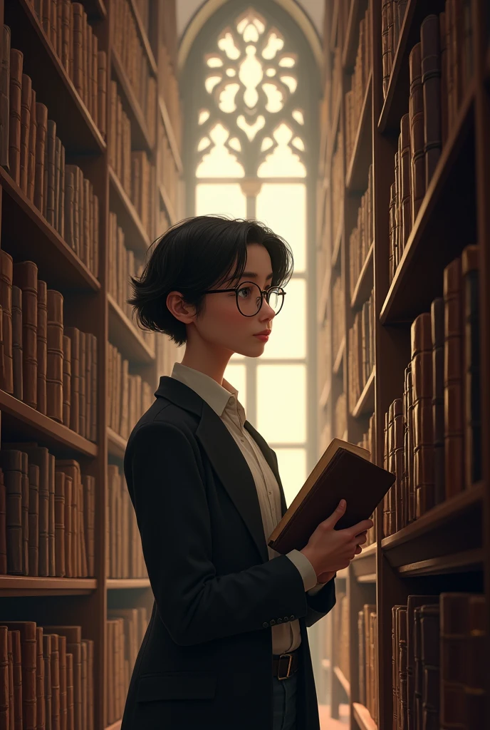 Librarian with round glasses and black hair 