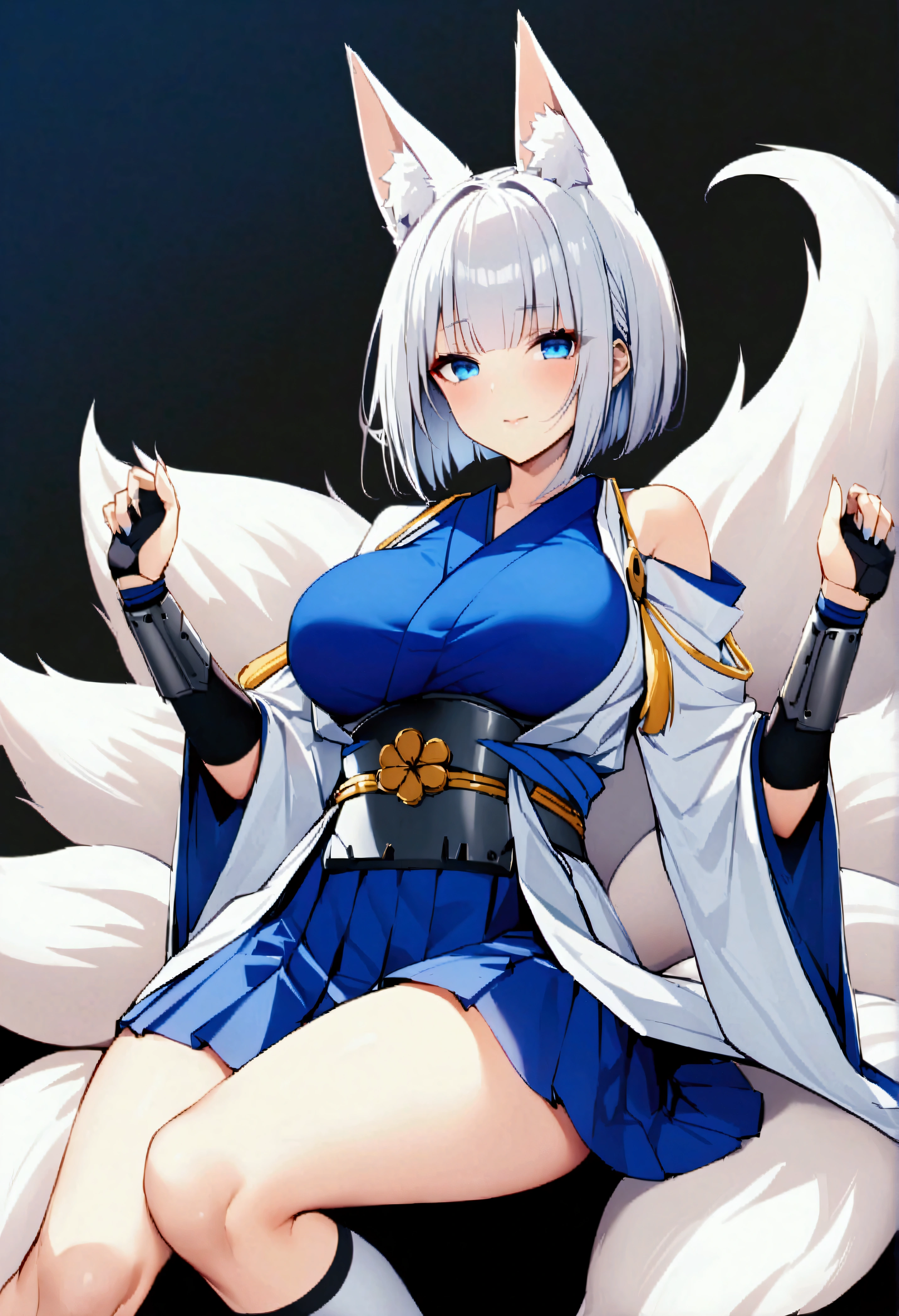 1 girl, Kaga \(azur lane\), fox girl, blue eyes, white hair, short hair, blunt bangs, white fox ears, white fox tail, multiple tails, large breasts, white kimono, open kimono, cleavage cutout, wide sleeves, long sleeves, sash, sakuramon, armor, hakama short skirt, blue skirt, pleated skirt, white knee socks